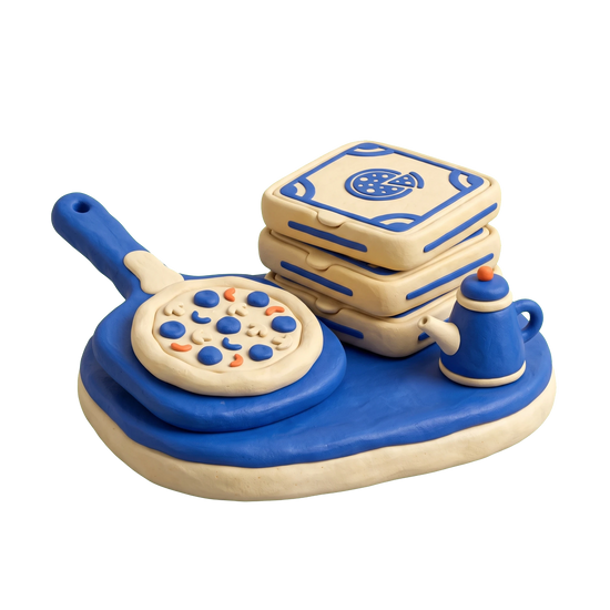 Pizza takeaway illustration in blue and ivory clay
