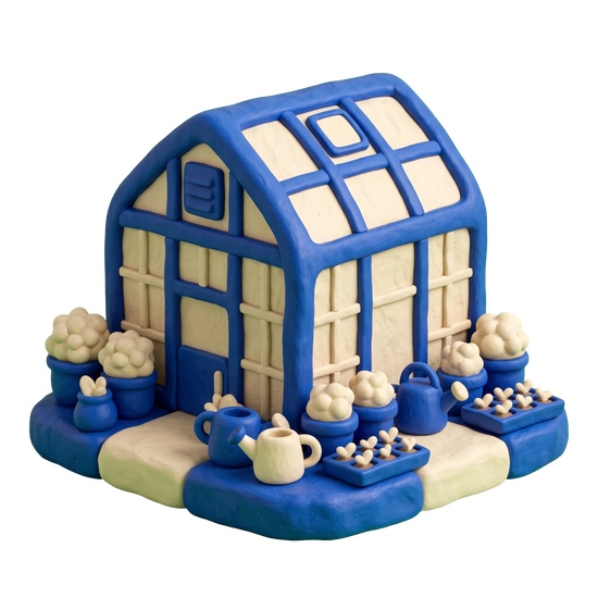 Plant nursery illustration in blue and ivory clay