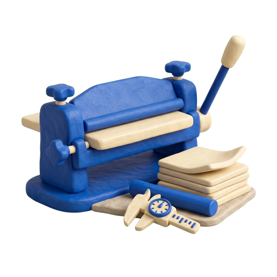 Plastic fabrication company illustration in blue and ivory clay