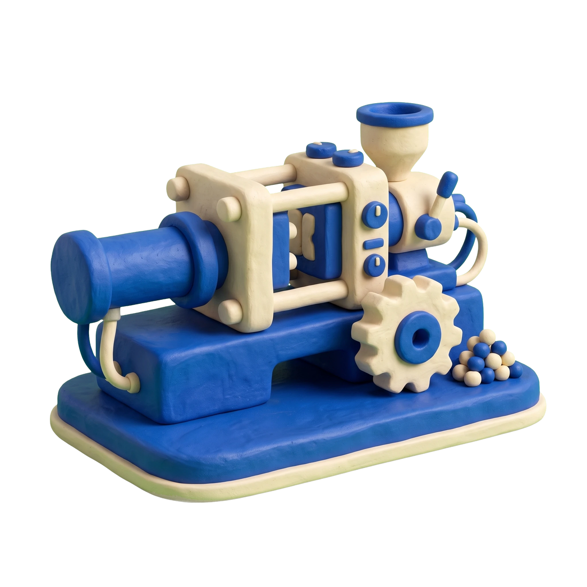 Plastic injection molding service illustration in blue and ivory clay