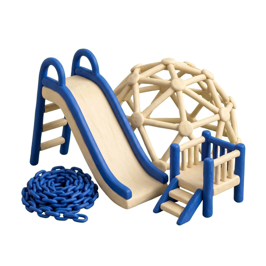 Playground equipment supplier illustration in blue and ivory clay