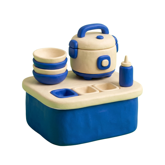 Poke bar illustration in blue and ivory clay