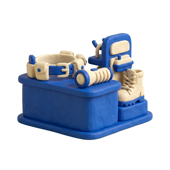 Police supply store illustration in blue and ivory clay