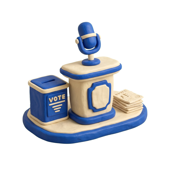Political party office illustration in blue and ivory clay