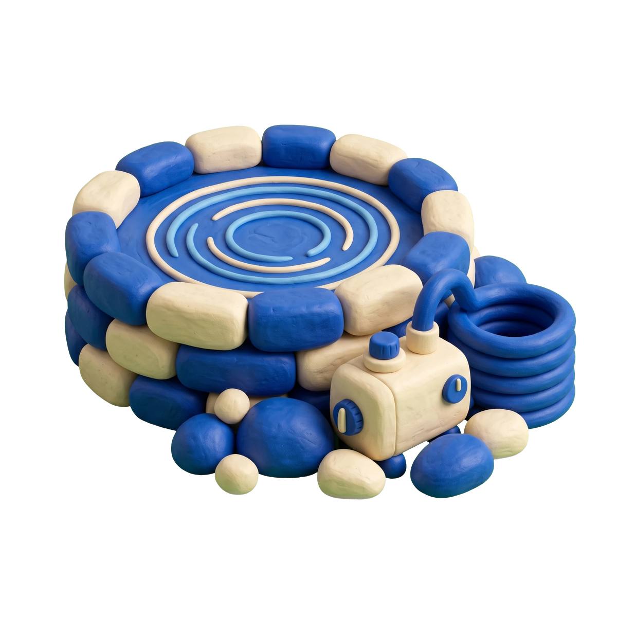 Pond contractor illustration in blue and ivory clay