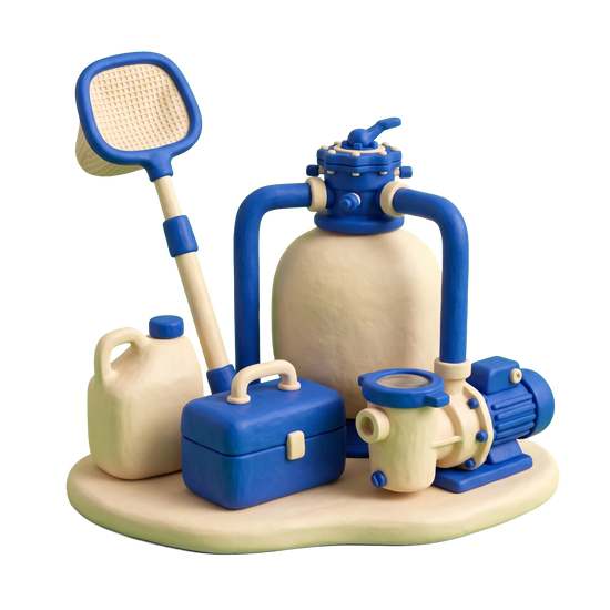 Pool cleaning service illustration in blue and ivory clay
