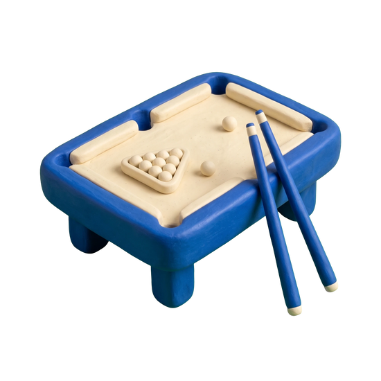 Pool hall illustration in blue and ivory clay