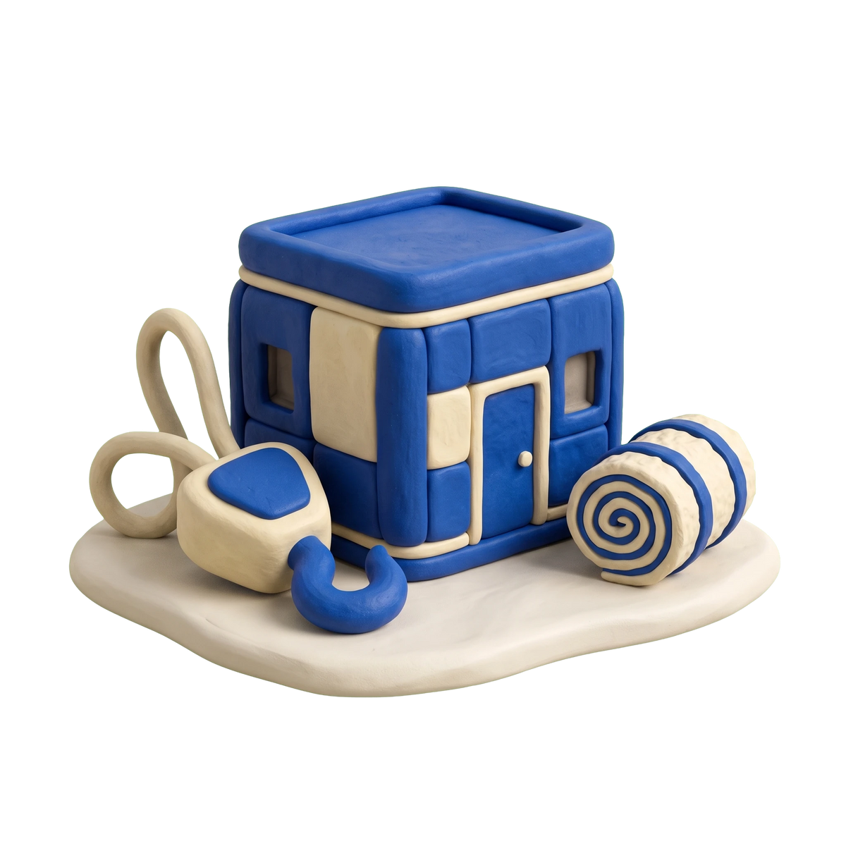 Portable building manufacturer illustration in blue and ivory clay