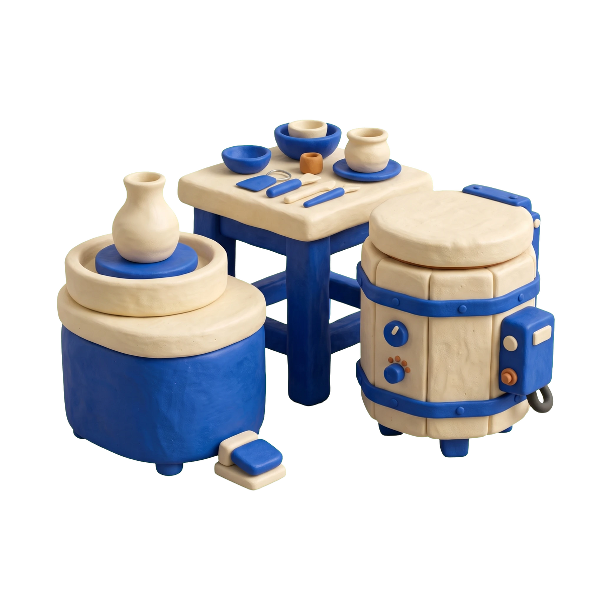 Pottery store illustration in blue and ivory clay