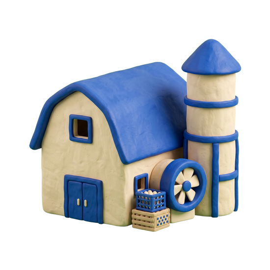 Poultry farm illustration in blue and ivory clay