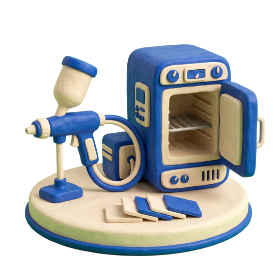 Powder coating service illustration in blue and ivory clay