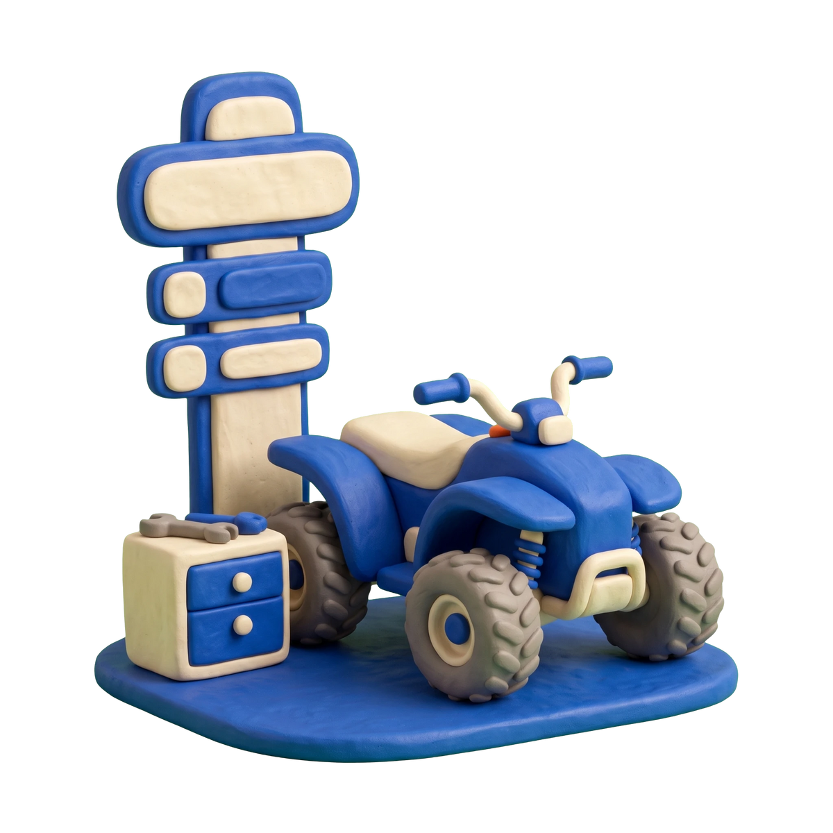 Powersports vehicle dealer illustration in blue and ivory clay
