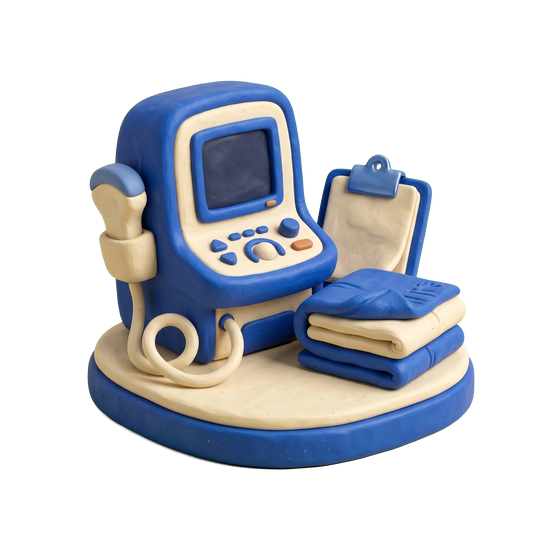 Pregnancy care center illustration in blue and ivory clay