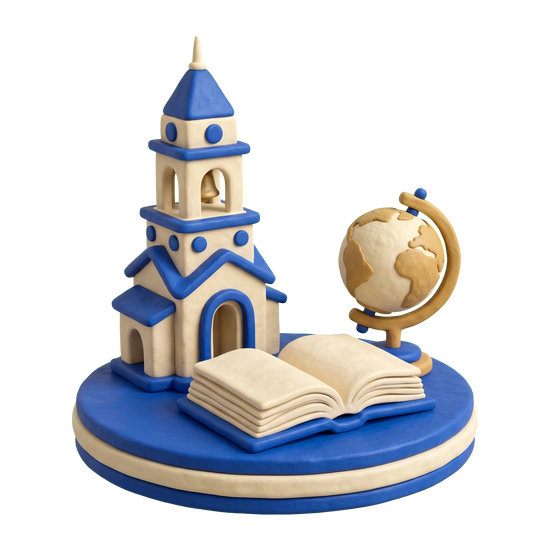 Preparatory school illustration in blue and ivory clay