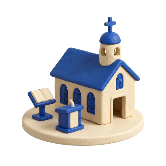 Presbyterian church illustration in blue and ivory clay