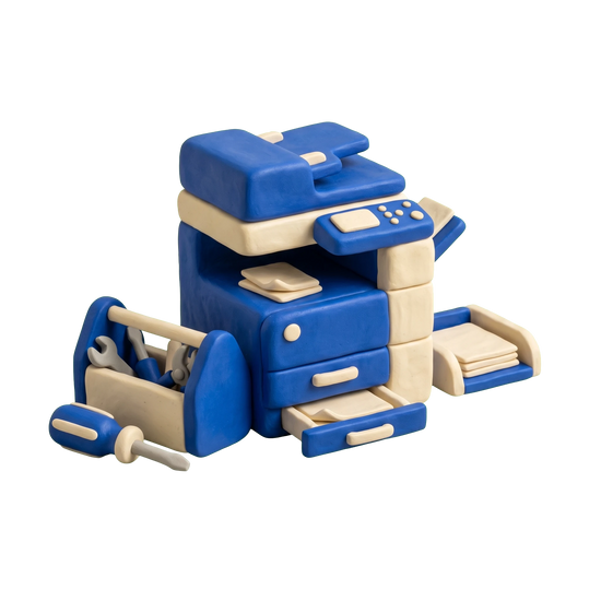 Printer repair service illustration in blue and ivory clay