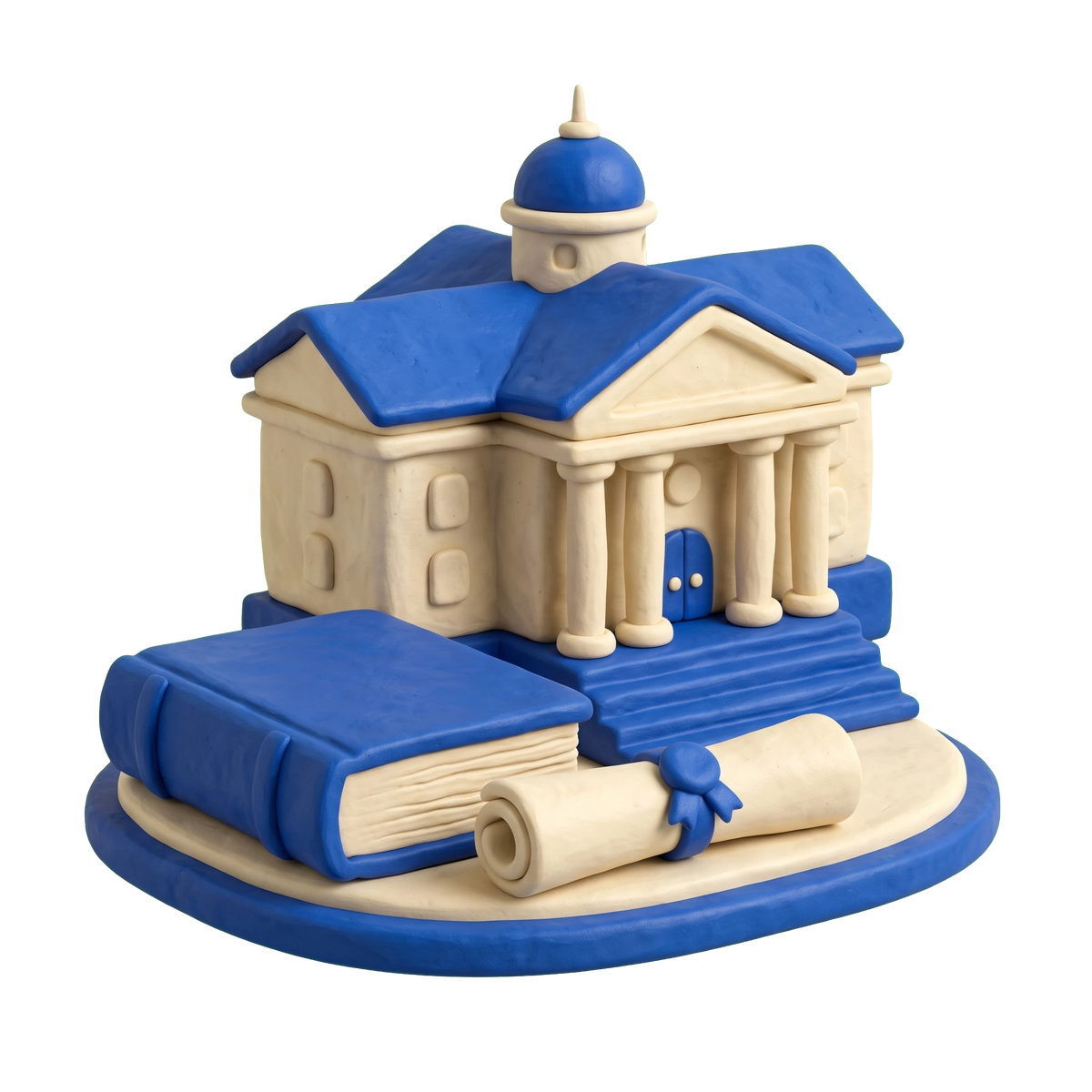 Private college illustration in blue and ivory clay