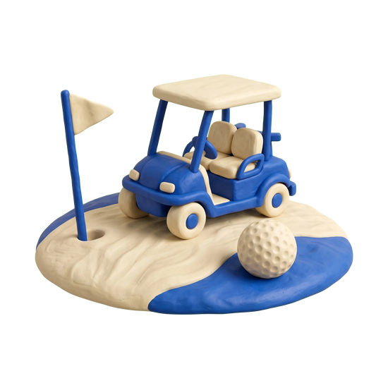 Private golf course illustration in blue and ivory clay