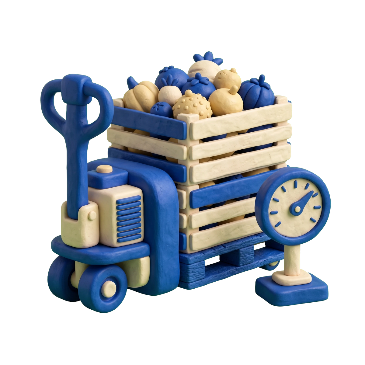 Produce wholesaler illustration in blue and ivory clay
