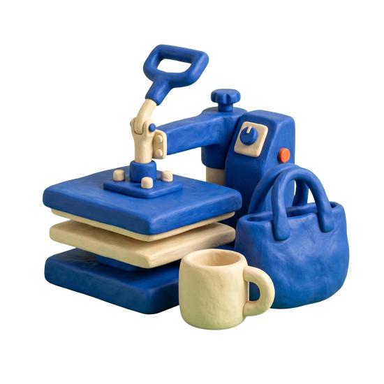 Promotional products supplier illustration in blue and ivory clay