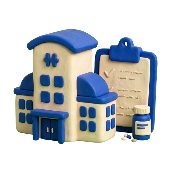 Psychiatric hospital illustration in blue and ivory clay