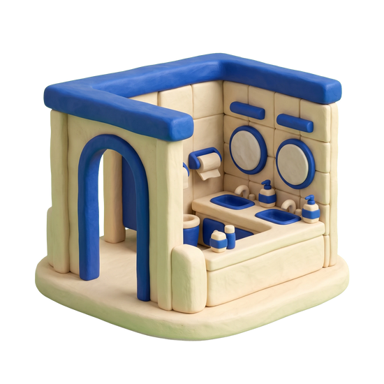 Public bathroom illustration in blue and ivory clay