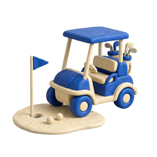 Public golf course illustration in blue and ivory clay