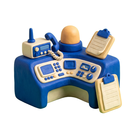 Public safety office illustration in blue and ivory clay