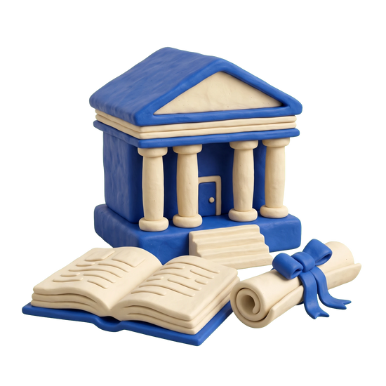 Public university illustration in blue and ivory clay