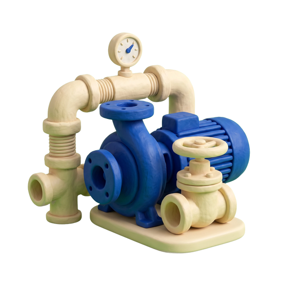 Pump supplier illustration in blue and ivory clay