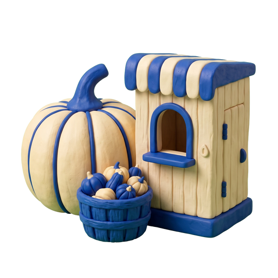 Pumpkin patch illustration in blue and ivory clay