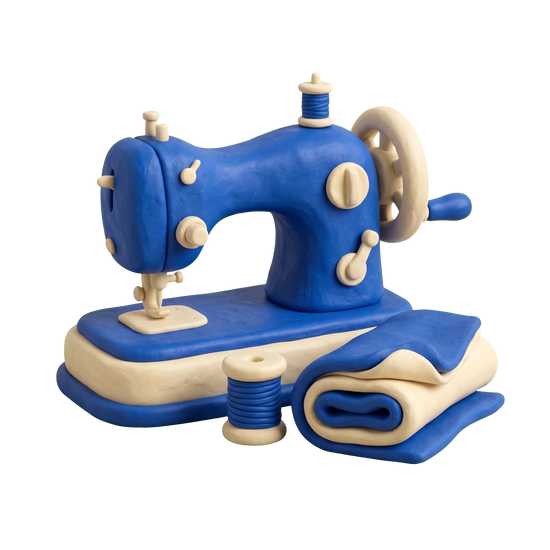 Quilt shop illustration in blue and ivory clay