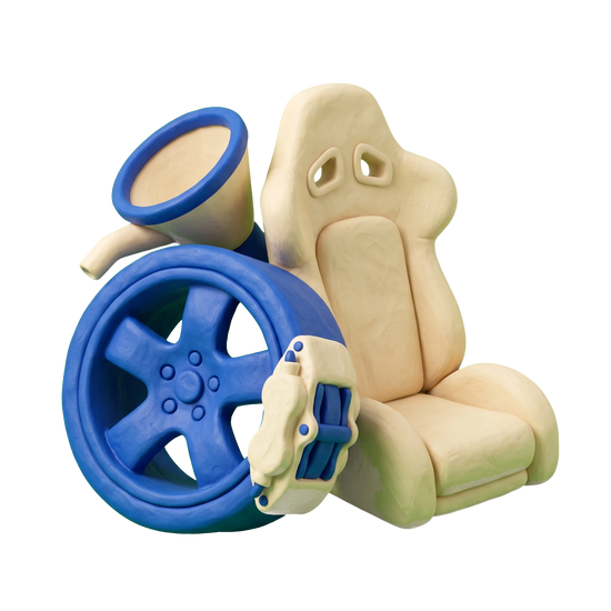 Racing car parts store illustration in blue and ivory clay