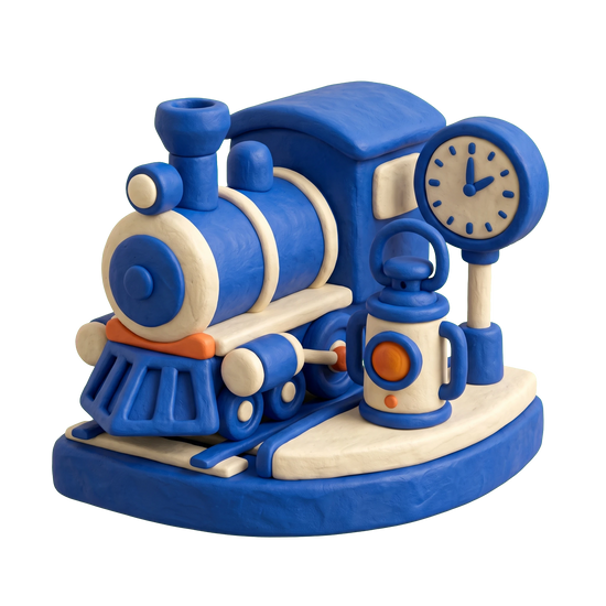 Rail museum illustration in blue and ivory clay