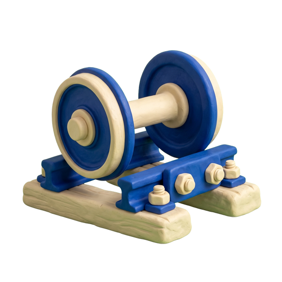 Railroad equipment supplier illustration in blue and ivory clay