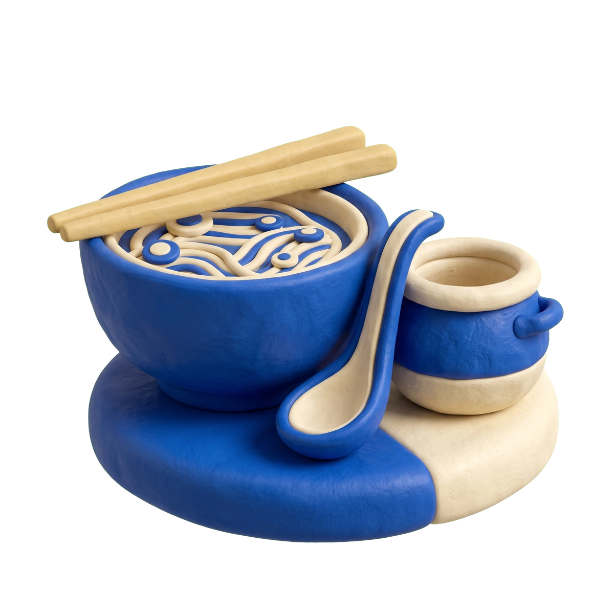 Ramen restaurant illustration in blue and ivory clay