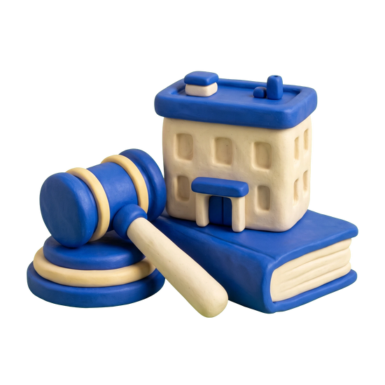 Real estate attorney illustration in blue and ivory clay