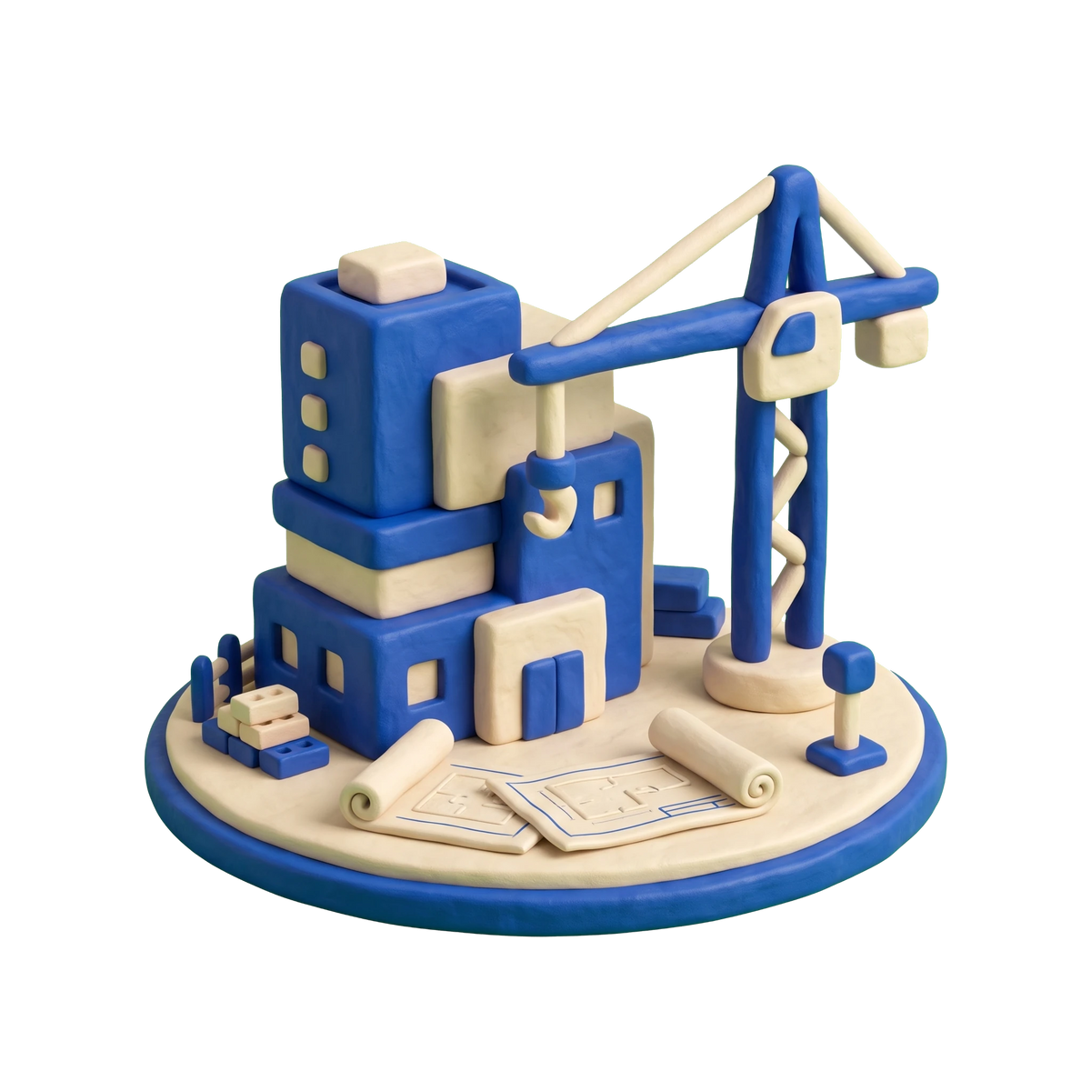 Real estate developer illustration in blue and ivory clay
