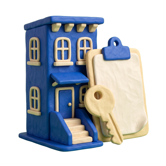 Real estate rental agency illustration in blue and ivory clay