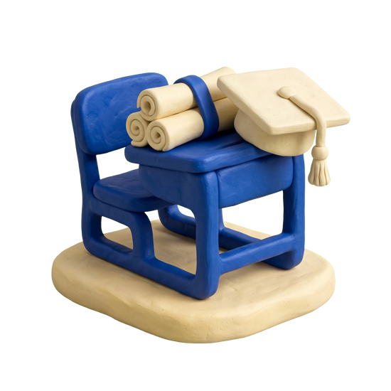 Real estate school illustration in blue and ivory clay