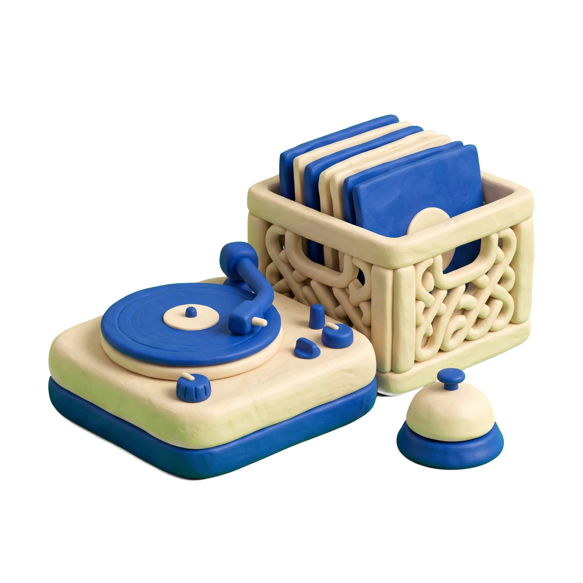 Record store illustration in blue and ivory clay