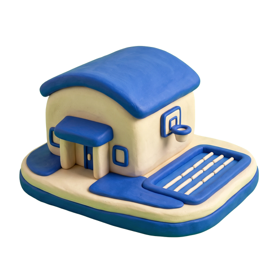 Recreation center illustration in blue and ivory clay