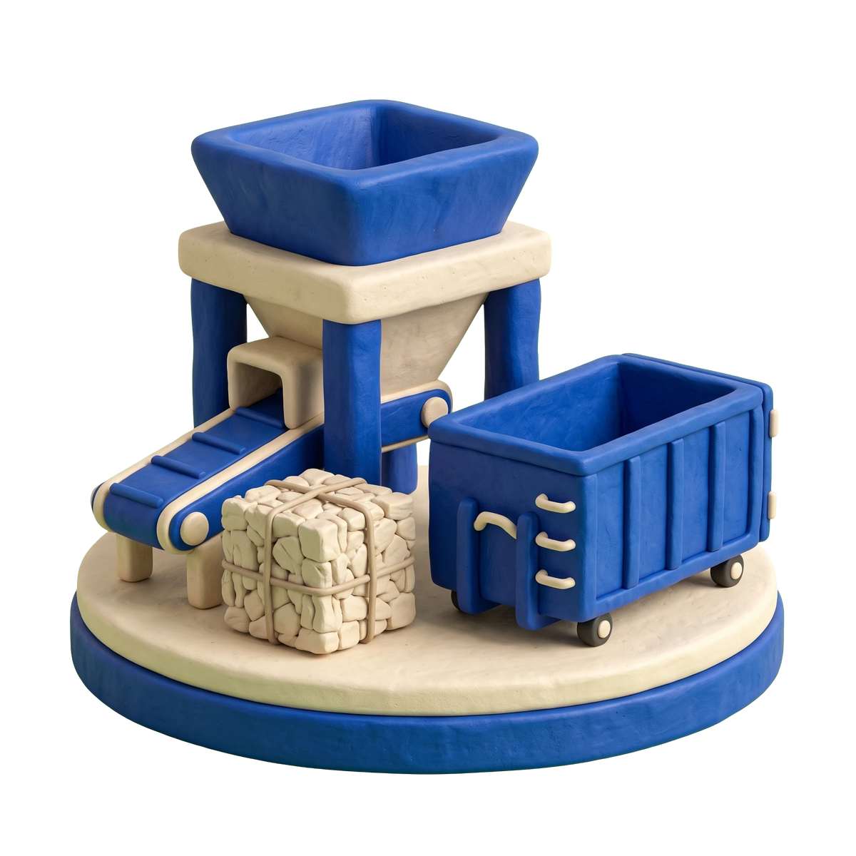 Recycling center illustration in blue and ivory clay