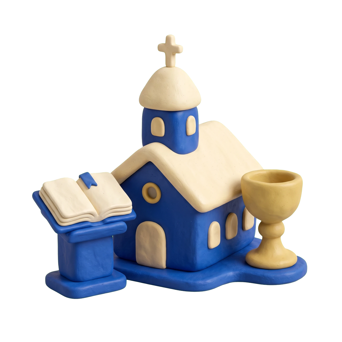 Reformed church illustration in blue and ivory clay