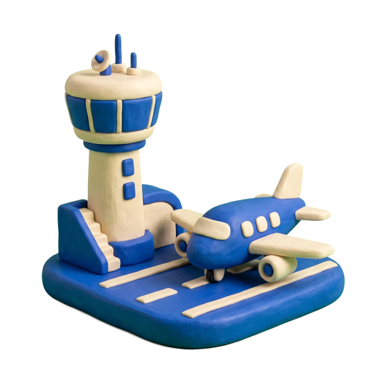 Regional airport illustration in blue and ivory clay