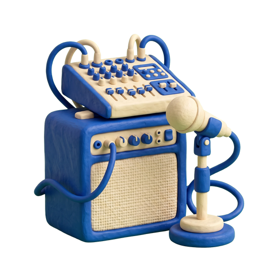 Rehearsal studio illustration in blue and ivory clay