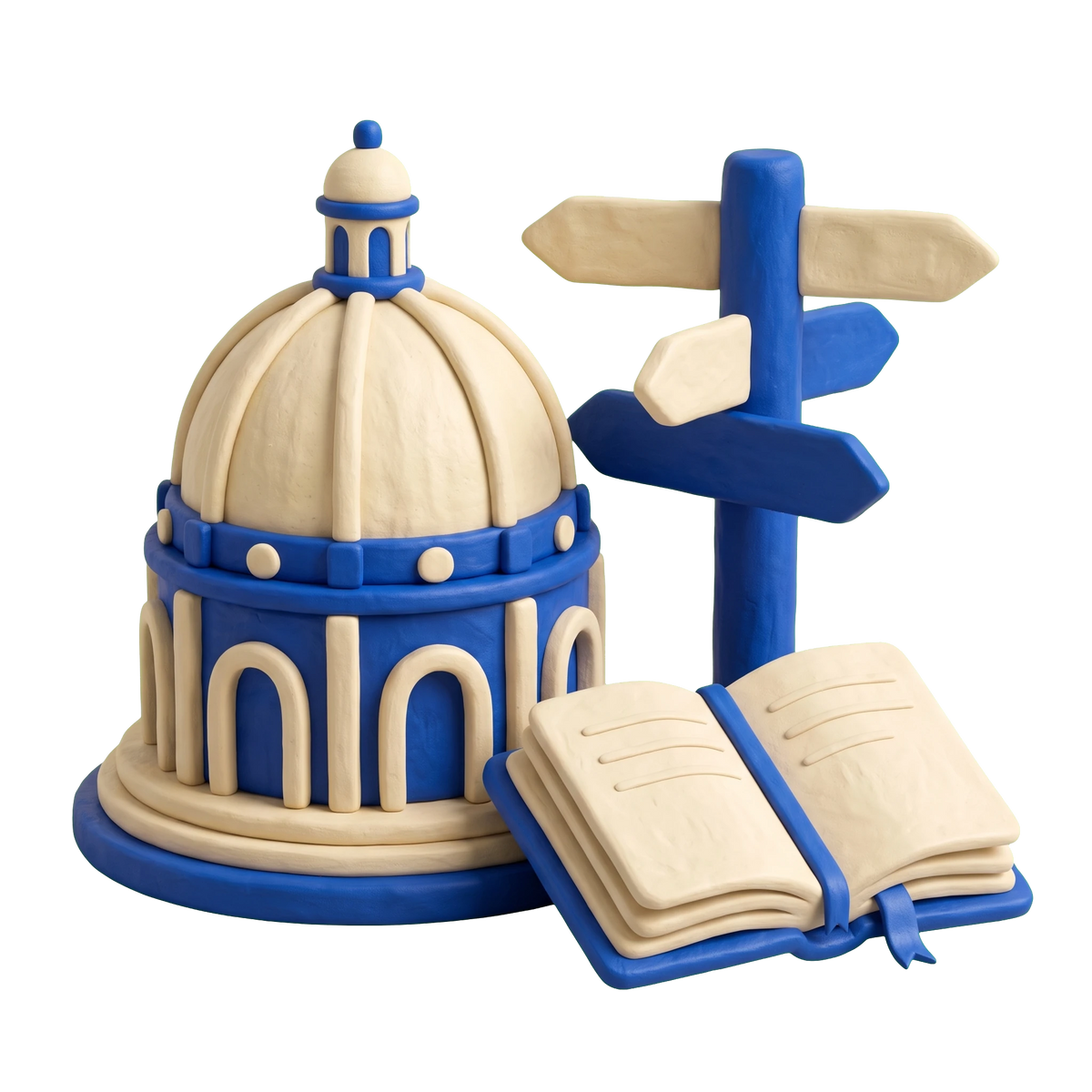 Religious destination illustration in blue and ivory clay