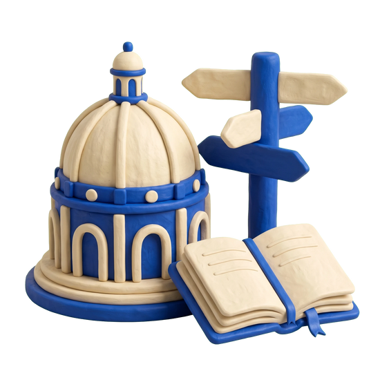 Religious destination illustration in blue and ivory clay