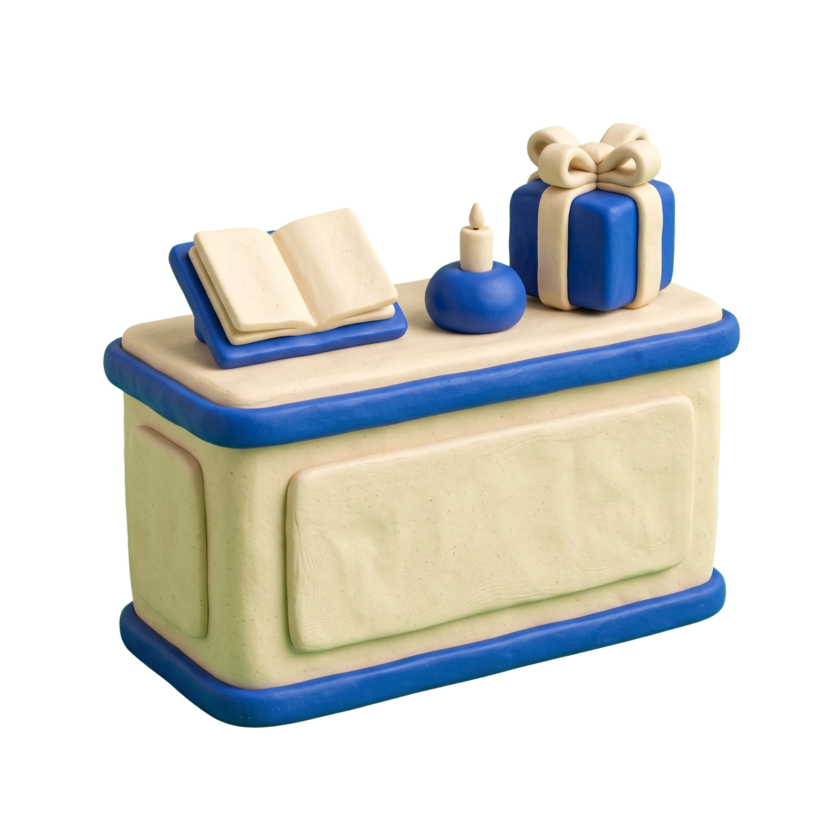 Religious goods store illustration in blue and ivory clay