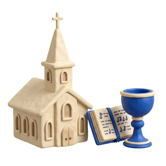 Religious institution illustration in blue and ivory clay